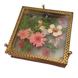 Vintage Pressed Flower Glass Coasters Set of 5 w/ Metal Rack Botanical